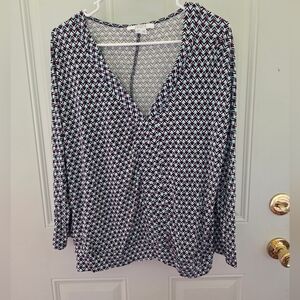 Women's Chevron V-Neck Blouse in Black, White & Teal